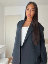 Women’s Casual Black Blazer – Loose Fit Double-Breasted Jacket