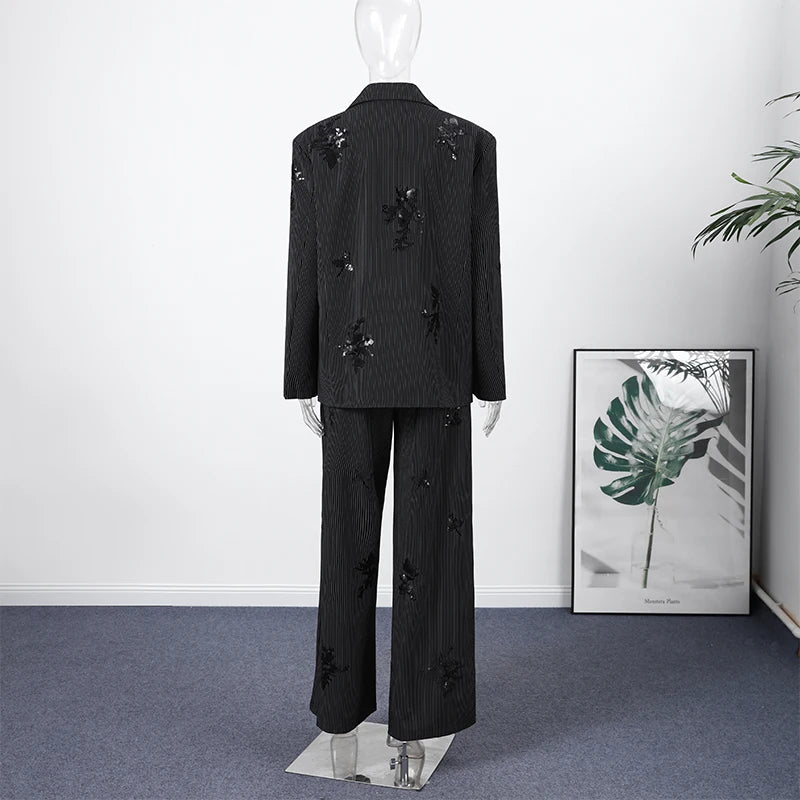 Women’s Chic Sequin Blazer Set – Elegant Lapel Stripe 2-Piece Suit