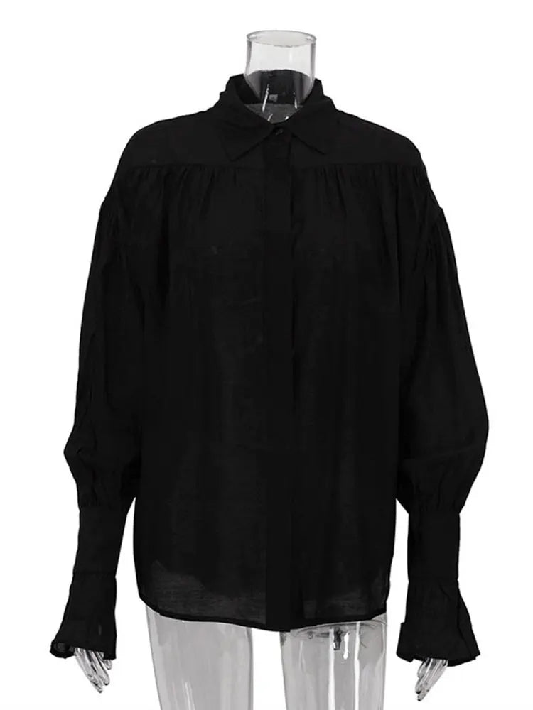 Casual Loose See-Through Shirt – Women’s Autumn Lapel Long Sleeve Blouse