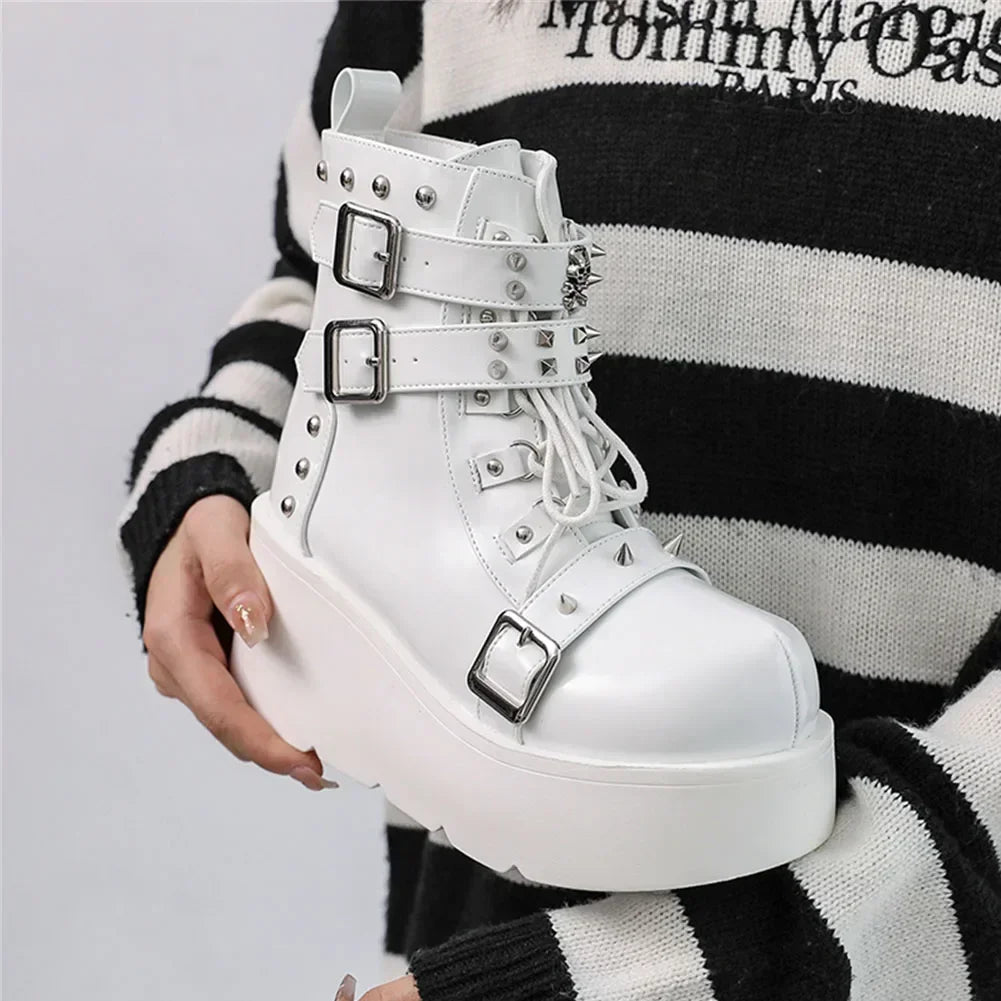 Women’s Waterproof Wedge Gothic Vampire Platform Mid-Calf Boots