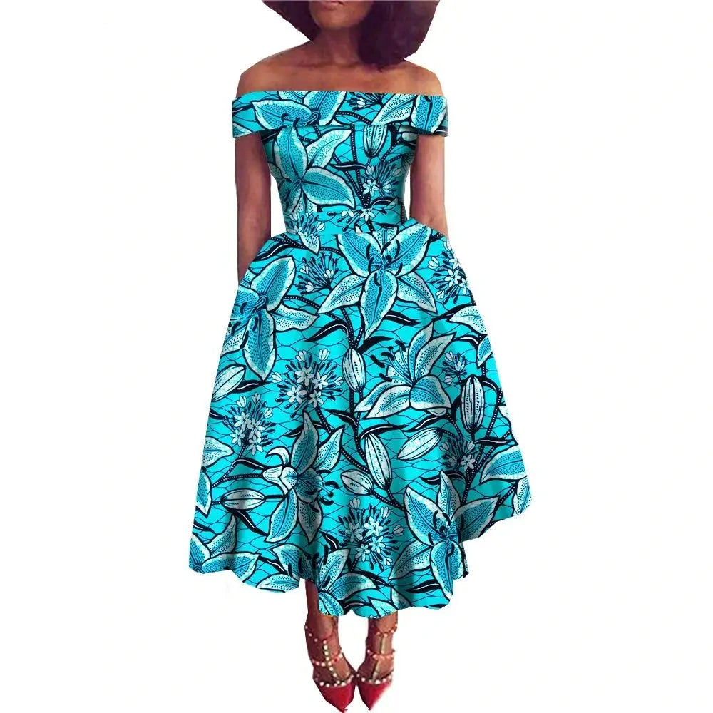 Afrikanisches Ankara-Print Carmen-Kleid | Traditionelle trägerlose afrikanische Kleidung