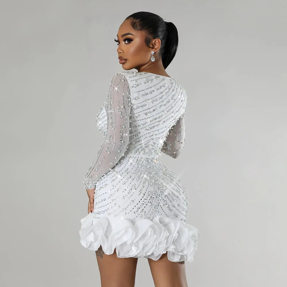 Sexy Langarm Rüschen Minikleid – Glitzerndes Hot-Drilling- & Perlenbesetztes Geburtstagskleid