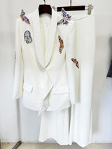 Damen-Blazer mit 3D-Schmetterlingsperlen & weite Hose | Designer-Laufsteg-Anzug-Set