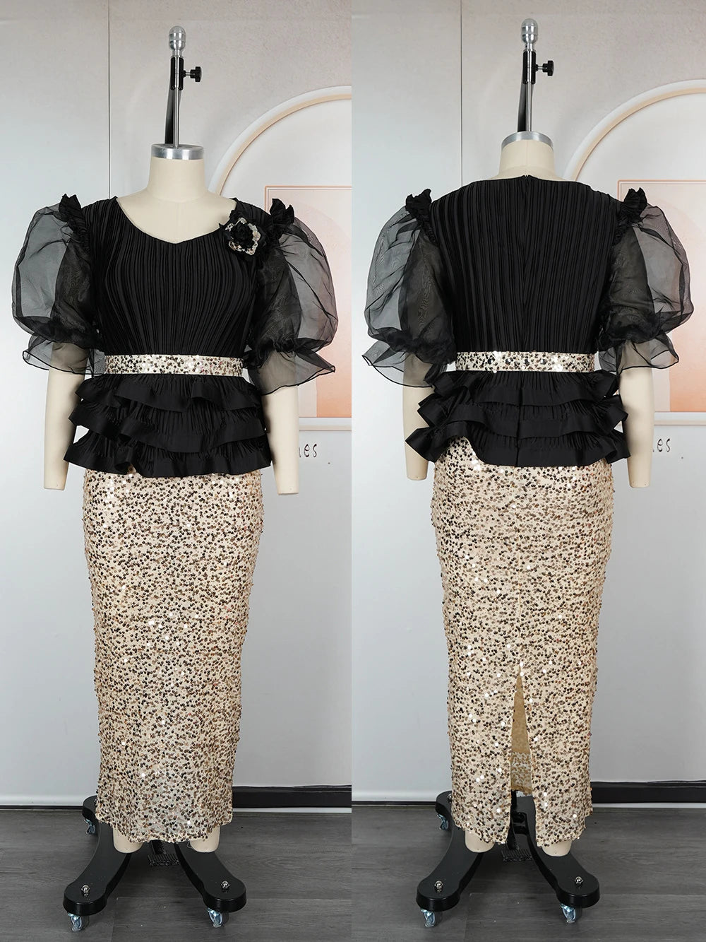 Luxuriöses afrikanisches Bodycon Maxikleid – Elegantes Abendkleid mit Puffärmeln