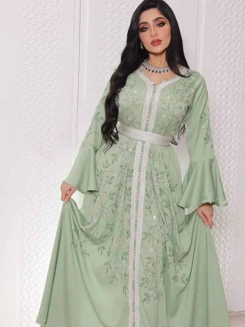 The "Emerald" Royal Abaya: Stunning Diamond-Accented Turkish Gown with Intricate Lace Belt