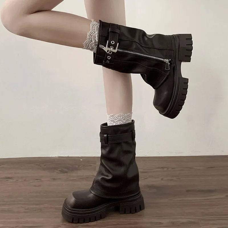 Damen Winter Biker Boots – Elegante Plateau Flache Mode Gürtelschnalle Knight Boots
