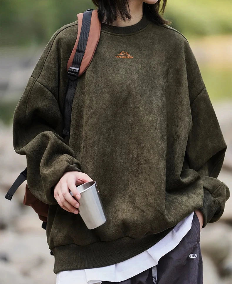 Herren Wildleder-Pullover-Sweatshirt – Retro-Baggy-Rundhals-Oberteil