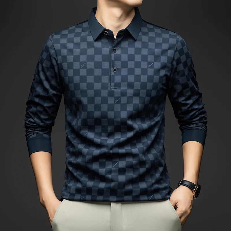 Men's Long Sleeve Polo Shirt – Business Casual Slim Fit Plaid Tee