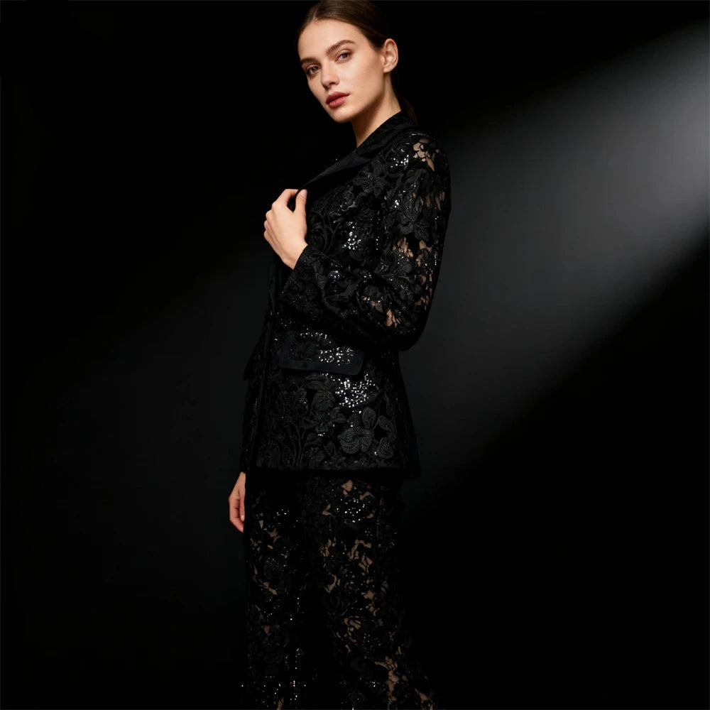 Women's Mesh Lace Suit Set – 2-Piece Slim Fit Sequin Tuxedo – Shiny Formal Business Blazer & Pants