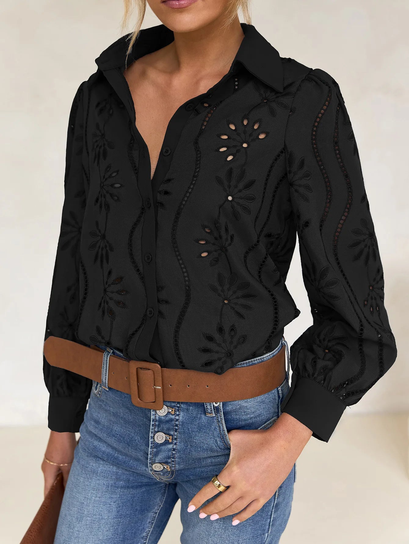 Women’s Hollow-Out Puff Sleeve Blouse – Casual Loose Solid Shirt