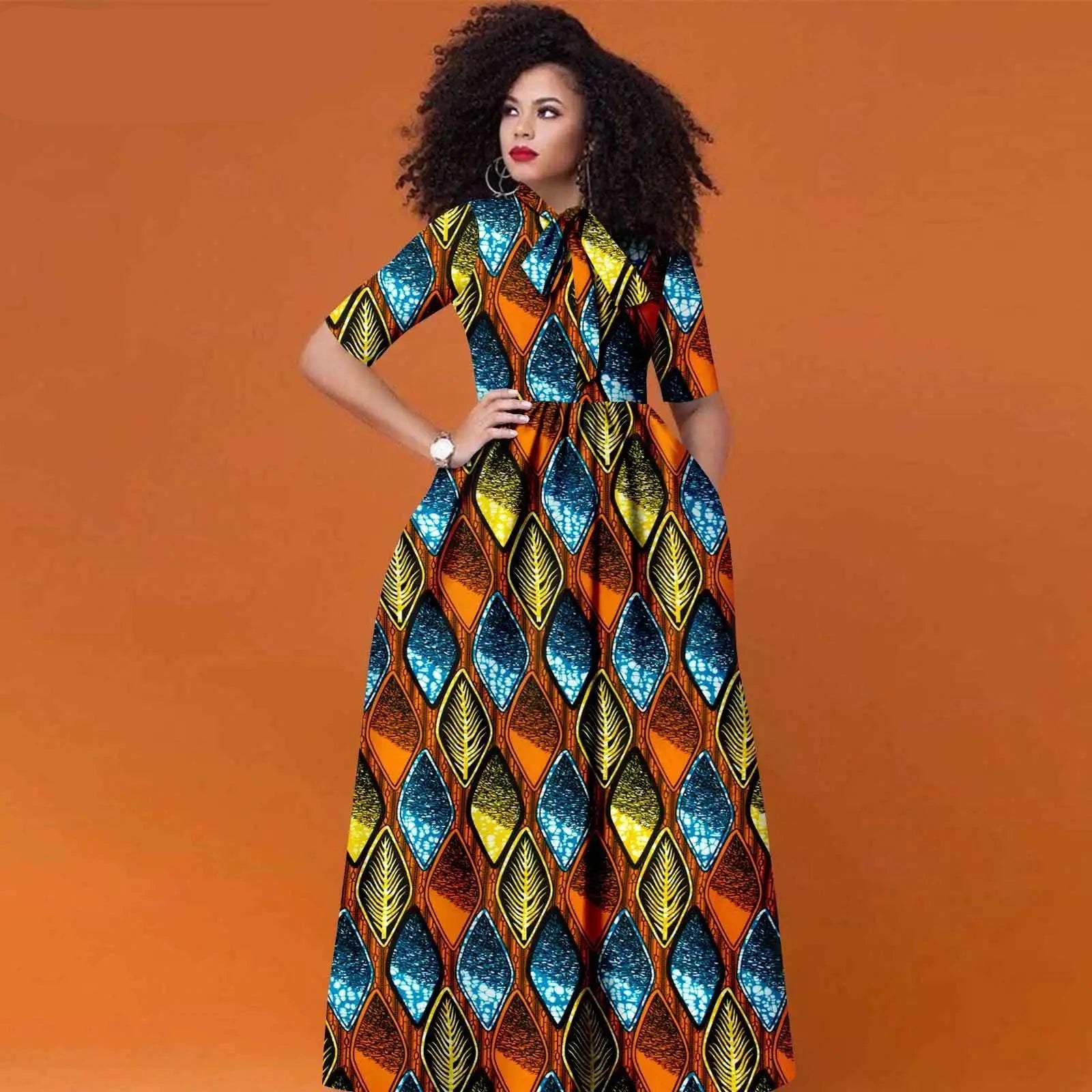 Afrikanisches Ankara Maxikleid für Damen | Halbarm High Waist Kleid mit traditionellem Print