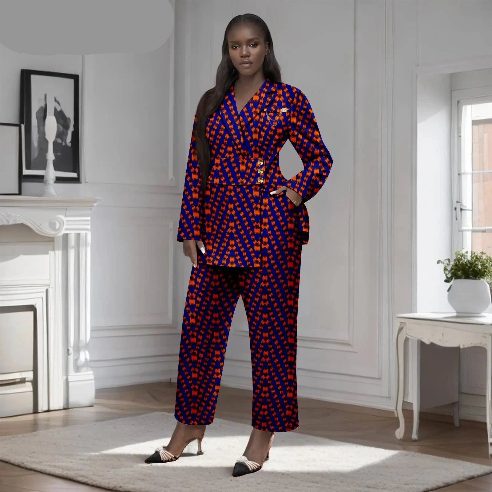 Afrikanisches zweiteiliges Set für Damen mit goldenem Knopf, Broschen-Blazer und Knöchelhose