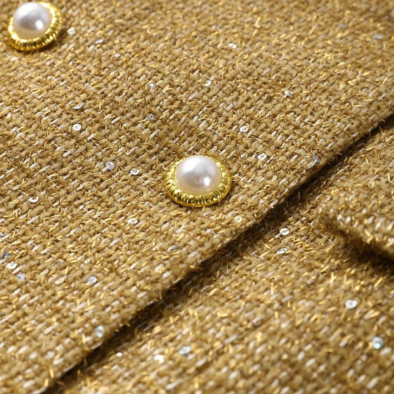Women's Golden Sequin Blazer - Elegant V-Neck Double Breasted Evening Jacket, Slim Fit Formal Party Outerwear