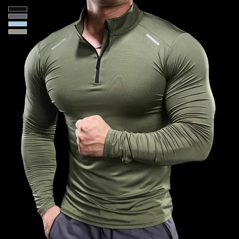 Herren Langarm-Stehkragen-Trainingsshirt mit halbem Reißverschluss