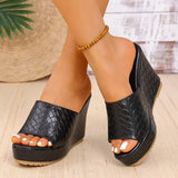 Women’s Peep Toe Black PU Leather Chunky Platform Wedge Sandals Super High Heel Weave Pattern Shoes