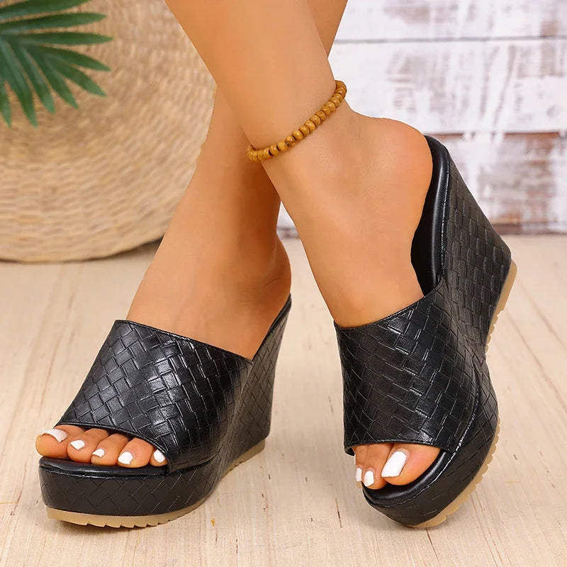 Women’s Peep Toe Black PU Leather Chunky Platform Wedge Sandals Super High Heel Weave Pattern Shoes