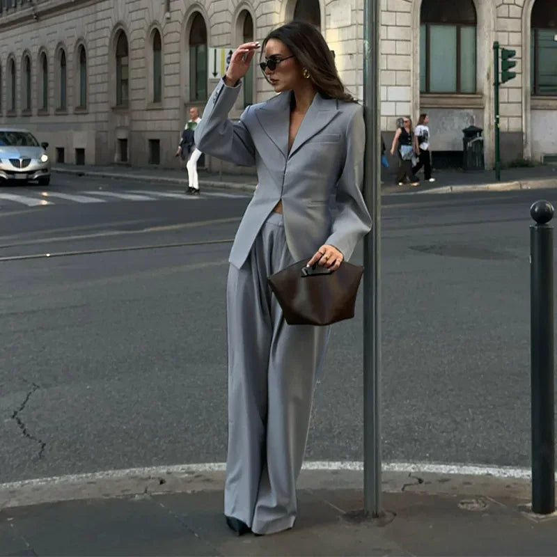 V-Neck Blazer & Wide-Leg Pants Set | Women’s Single-Breasted Pocket Jacket & Trousers