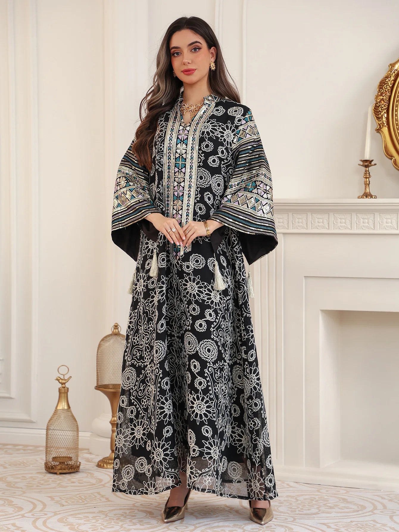 Women’s Embroidered Abaya for Party | Elegant Muslim Jalabiya Morocco Kaftan