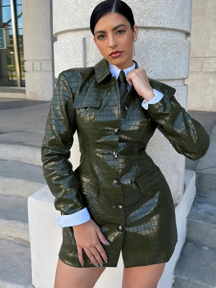 Damenmode Leder Blazer-Kleid – Elegantes Revers Langarm Anzugjacke, Einreihiges Minikleid