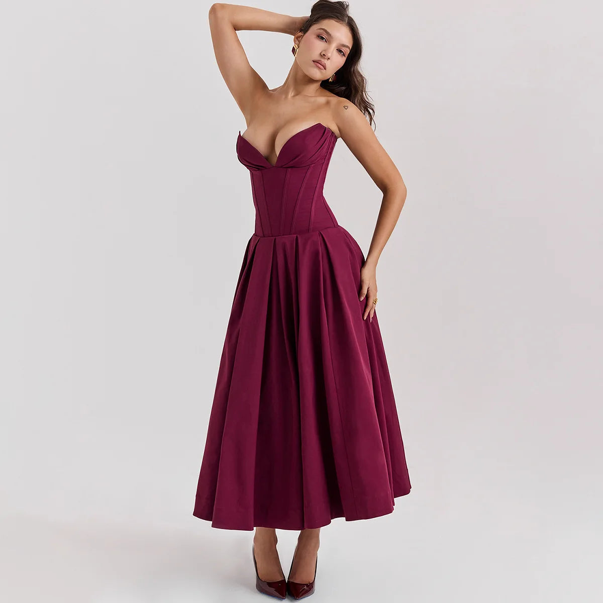 Women's Elegant Wine Red Corset Maxi Dress