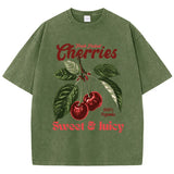 Fresh Picked Cherries gewaschenes Baumwoll-T-Shirt – Vintage-T-Shirt mit Obst-Grafik für Damen