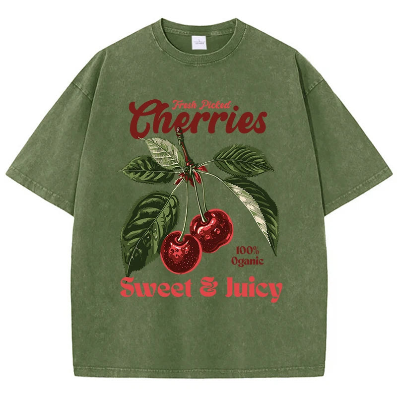 Fresh Picked Cherries gewaschenes Baumwoll-T-Shirt – Vintage-T-Shirt mit Obst-Grafik für Damen