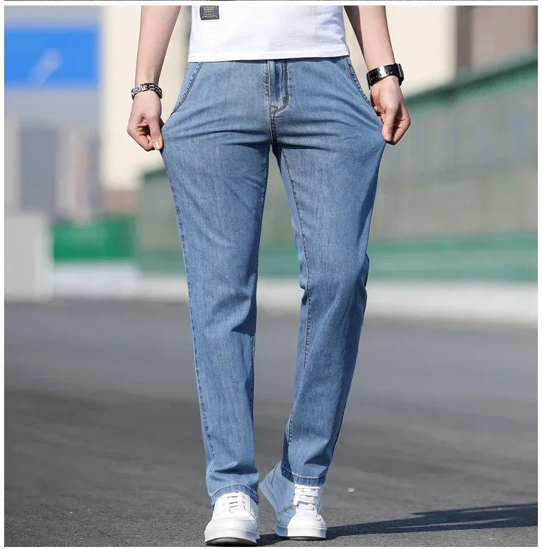 Men’s Summer Loose Stretch Gray & Light Blue Straight-Leg Denim Jeans