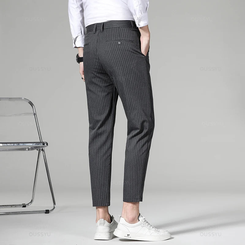 Men’s High-Quality Plaid & Stripe Trousers – Business Formal Suit Pants, Ankle & Full Length Straight Slacks