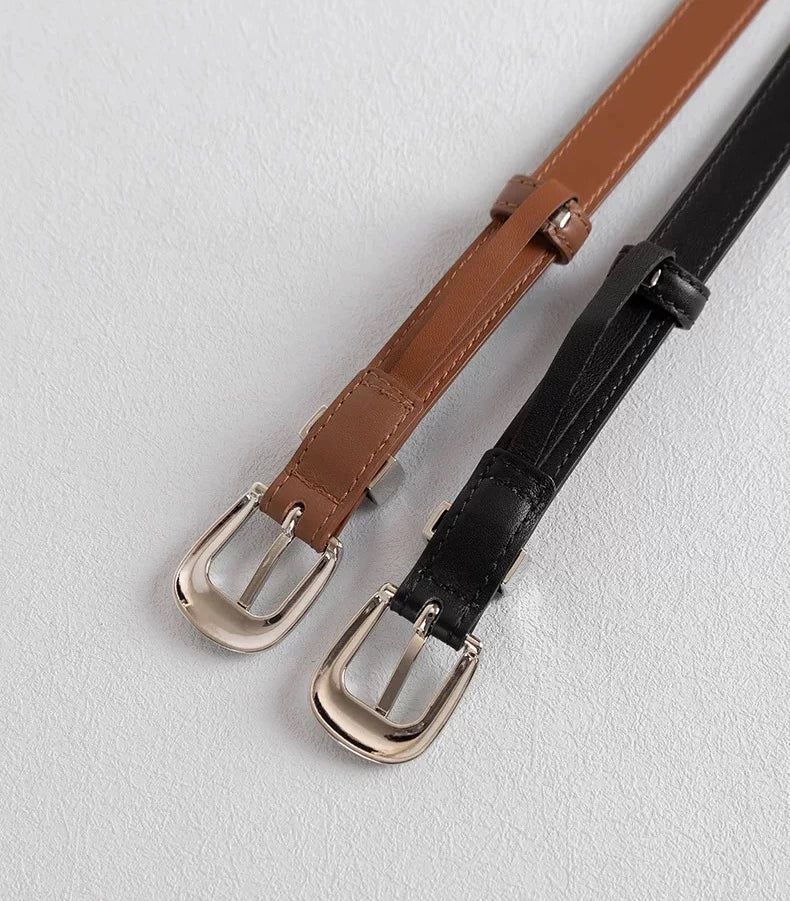 Women's Classy Skinny Belt – Bonded Leather Casual Waistband with Shiny Metal Buckle