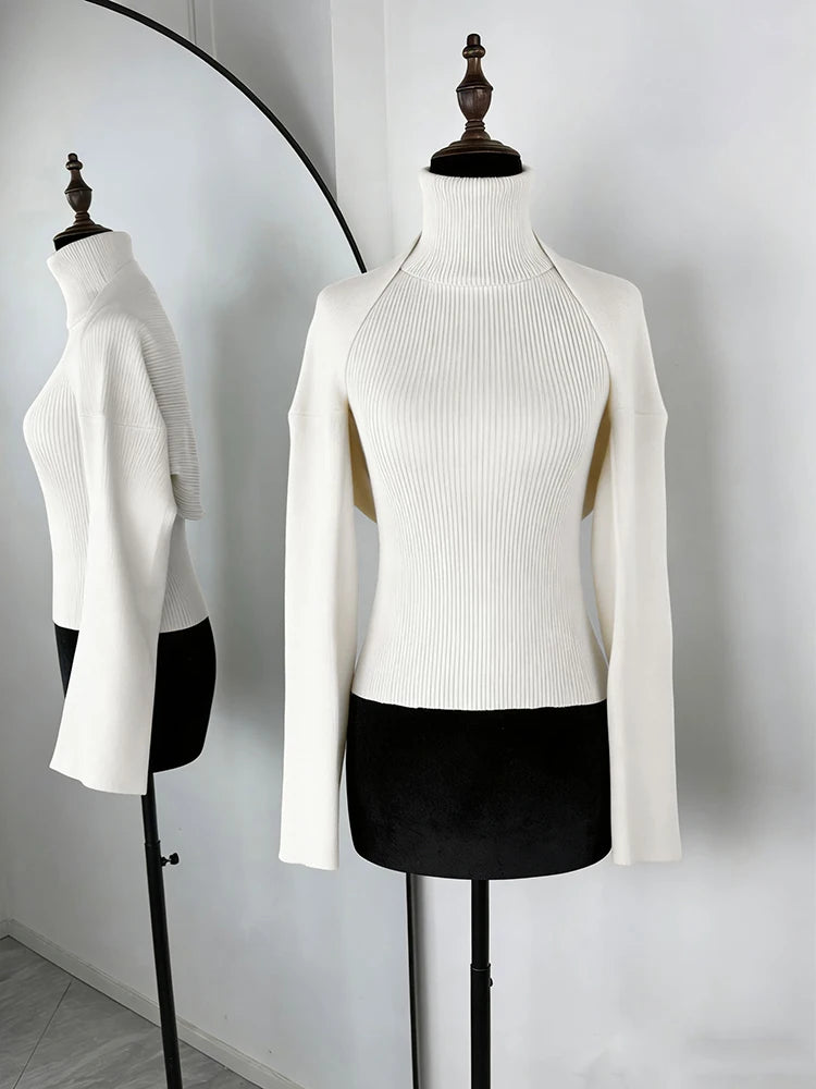 2-Piece Knitted Set for Women – Turtleneck Sleeveless Vest & Long Sleeve Bolero Shawl