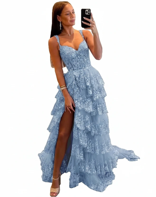 Glitzerndes, gestuftes Spitzen-Tüll-Ballkleid | Langes Korsettkleid mit Spaghettiträgern