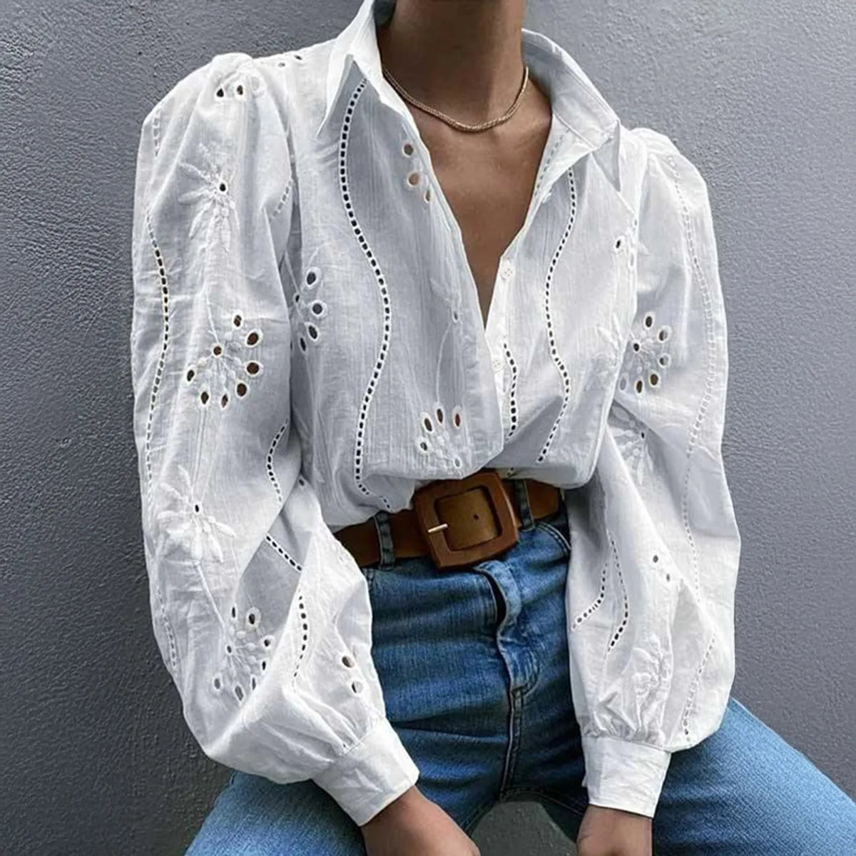 Women’s Hollow-Out Puff Sleeve Blouse – Casual Loose Solid Shirt