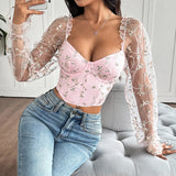Women’s Sexy Mesh Long Sleeve Corset | Flower Embroidered Fishbone Bustier
