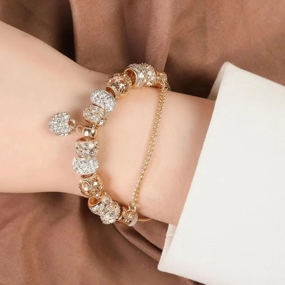 Kristallherz-Charm-Armband für Damen – goldfarbenes Schlangenkettenarmband