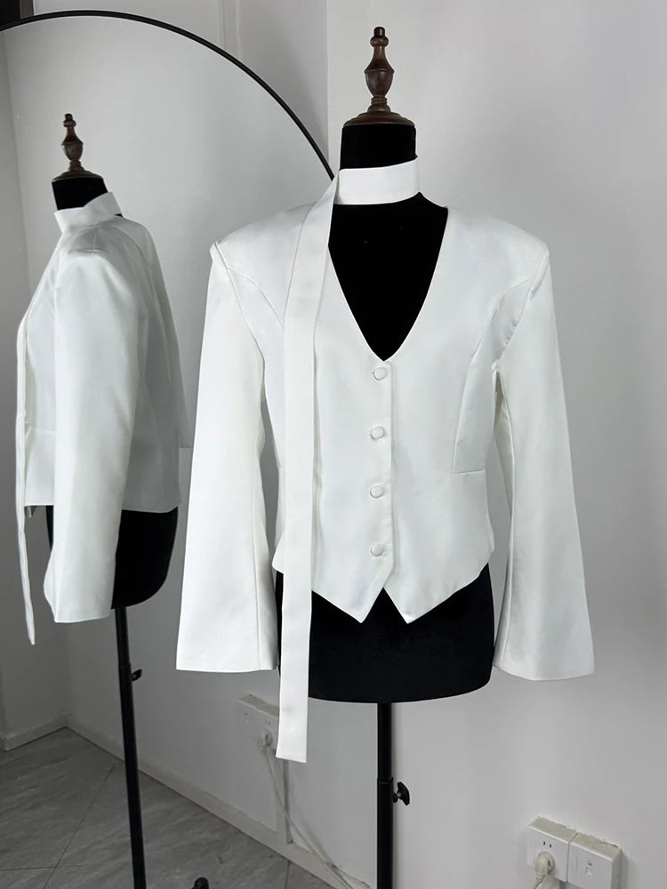Women's Scarf-Neck Blazer Coat – Single-Breasted Waist-Cinching Jacket