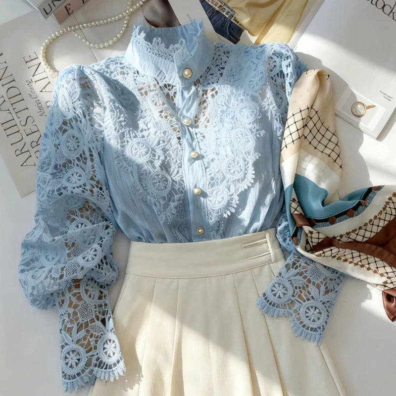 Women’s High Neck Long Sleeve Lace Blouse | Elegant Hollow Paneled Sleeve Top