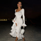 Damen sexy Partykleid mit tiefem V-Ausschnitt, hohem Schlitz, Rüschen und ausgestellten Ärmeln, einreihig