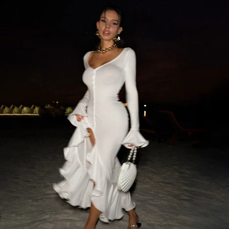 Damen sexy Partykleid mit tiefem V-Ausschnitt, hohem Schlitz, Rüschen und ausgestellten Ärmeln, einreihig