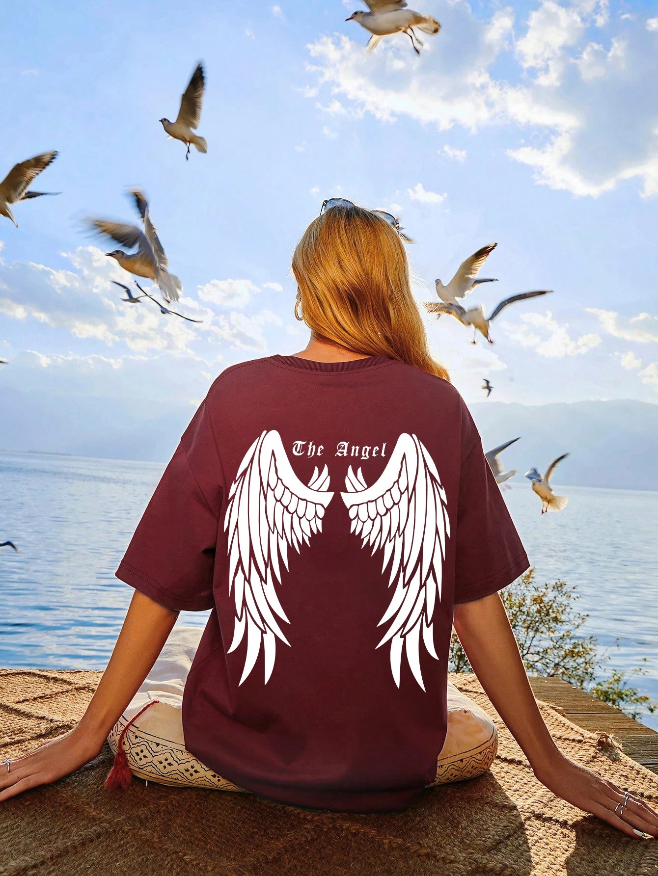 Damen T-Shirt mit dunklem Engelsflügel-Grafik – 100 % Baumwolle, lockere Passform, Hip Hop Streetwear