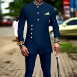 African Slim Fit Men Double Breasted Embroidery Blazer & Matching Pants Set