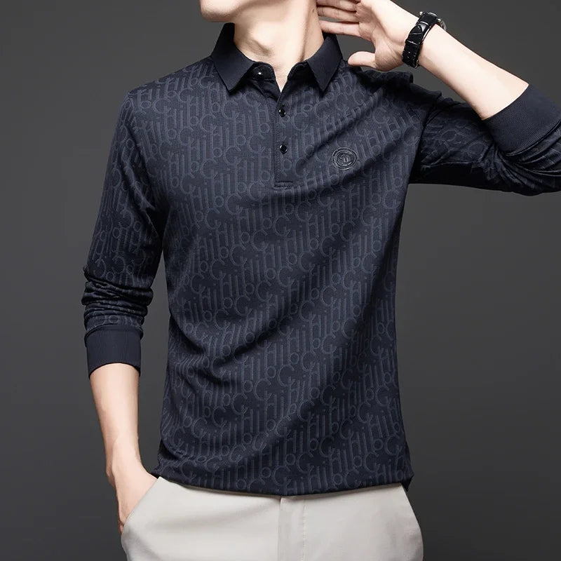 Herren Langarm-Poloshirt mit Abzeichen – Business Casual Uni-Oberteil