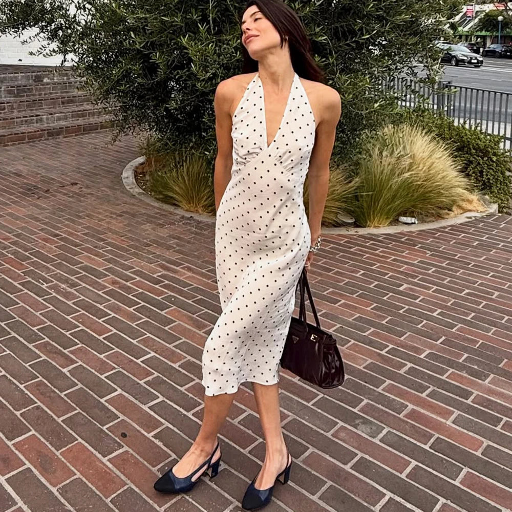 Elegantes langes Damenkleid mit Polka Dots und Neckholder – sexy, trägerloses, rückenfreies Schnürkleid