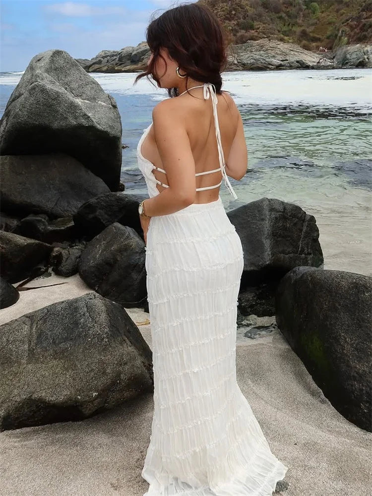 Damen-Maxikleid mit Schnürung am Rücken, rückenfrei, für den Urlaub, Strand, hohe Taille, einfarbig, elegant