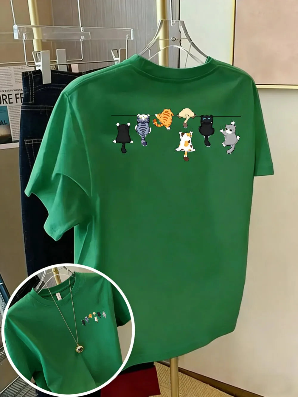 Women's Oversized Cotton Cartoon Cat Print T-Shirt