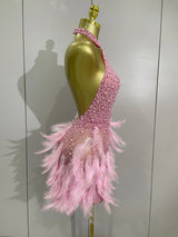 Luxury Women’s Rhinestone & Pearl Mini Dress – Sexy Feather Halter Backless Gown