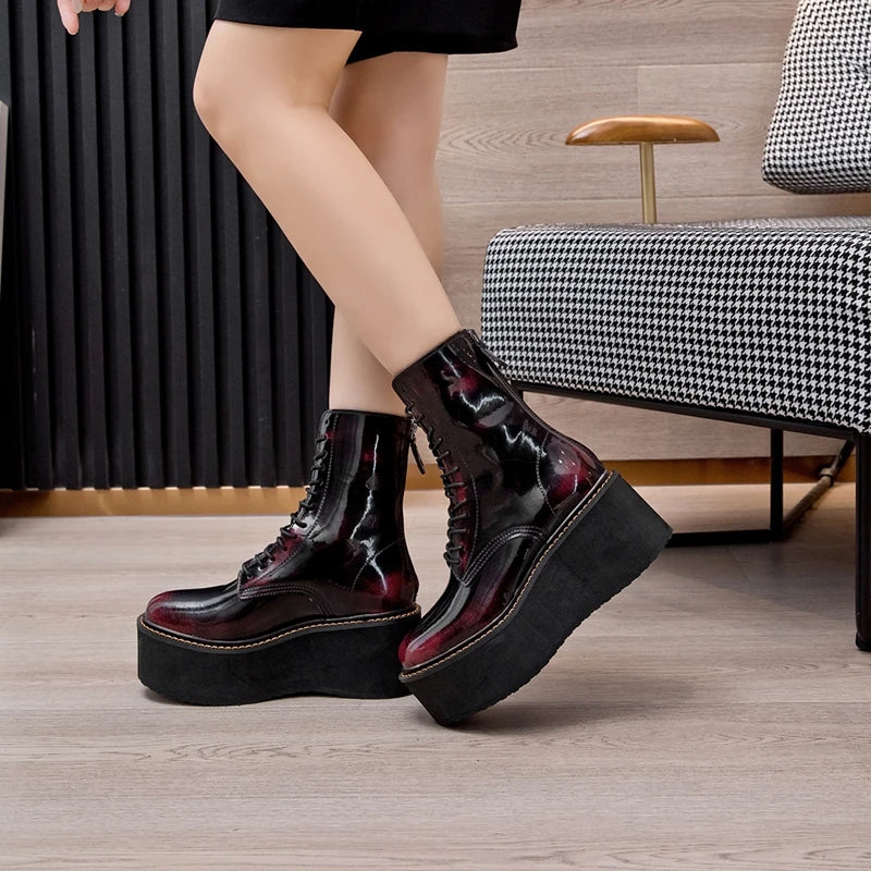 Damen-Stiefeletten aus echtem Leder – Kurzschaftstiefel mit Plateauabsatz
