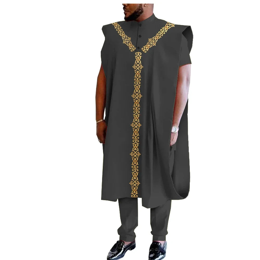 Afrikanisches 3-teiliges Set für Herren: Dashiki-Mantel, Kurzarmhemd und Ankara-Hose