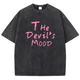 Damen Oversized Washed Cotton Top mit dunklem ästhetischem Letter Print