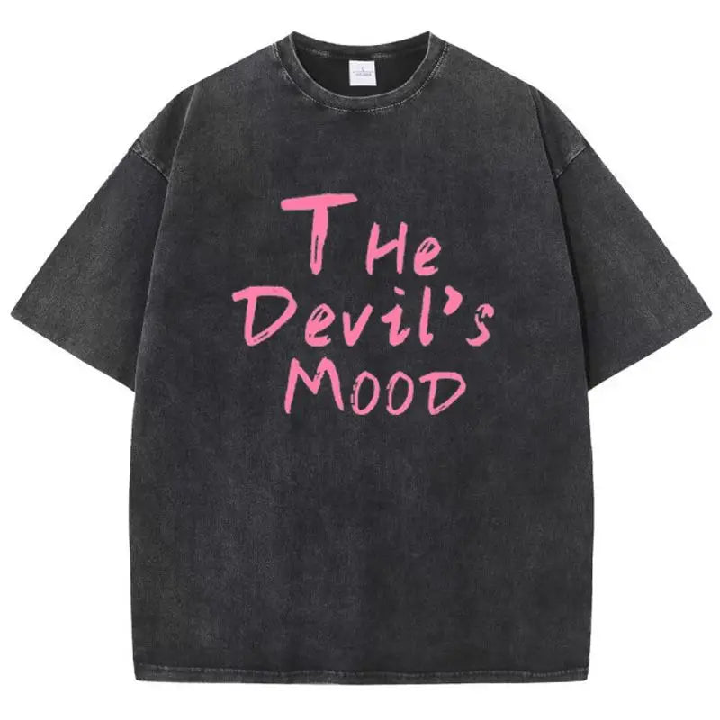 Damen Oversized Washed Cotton Top mit dunklem ästhetischem Letter Print