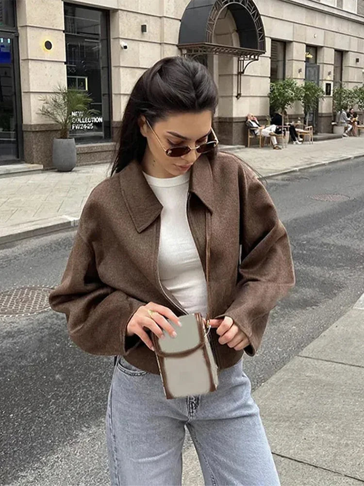Women’s Brown Zipper Woolen Jacket – Elegant Lapel Long Sleeve Short Coat